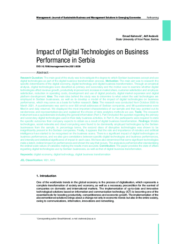 (PDF) Impact of Digital Technologies on Business Performance in Serbia