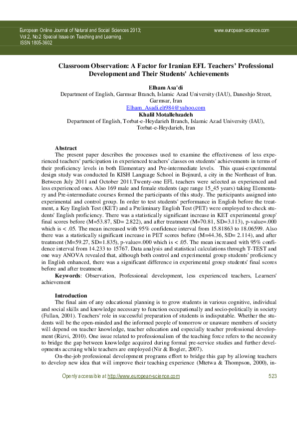(PDF) Classroom Observation: A Factor for Iranian EFL Teachers ...