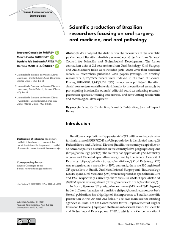 (PDF) Scientific production of Brazilian researchers focusing on oral ...