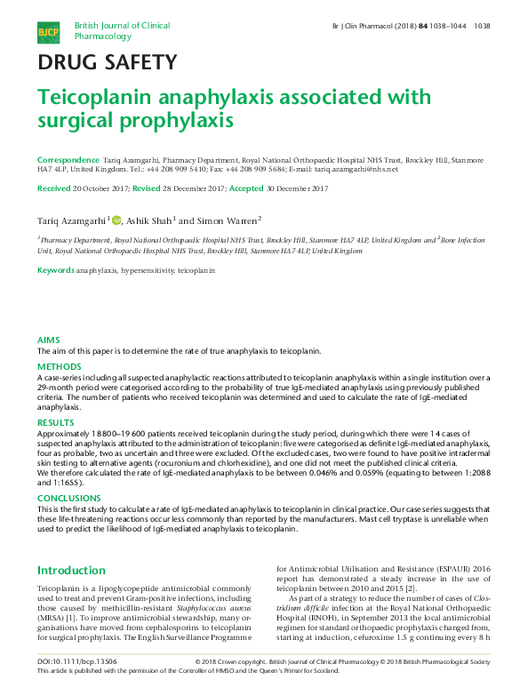 (PDF) Teicoplanin anaphylaxis associated with surgical prophylaxis