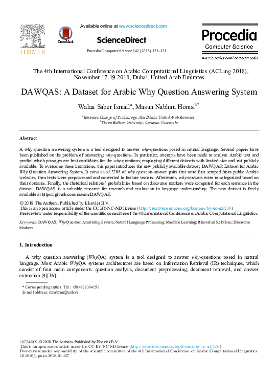 (PDF) DAWQAS: A Dataset for Arabic Why Question Answering System