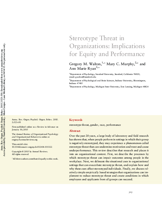 (PDF) Stereotype Threat in Organizations: Implications for Equity and ...