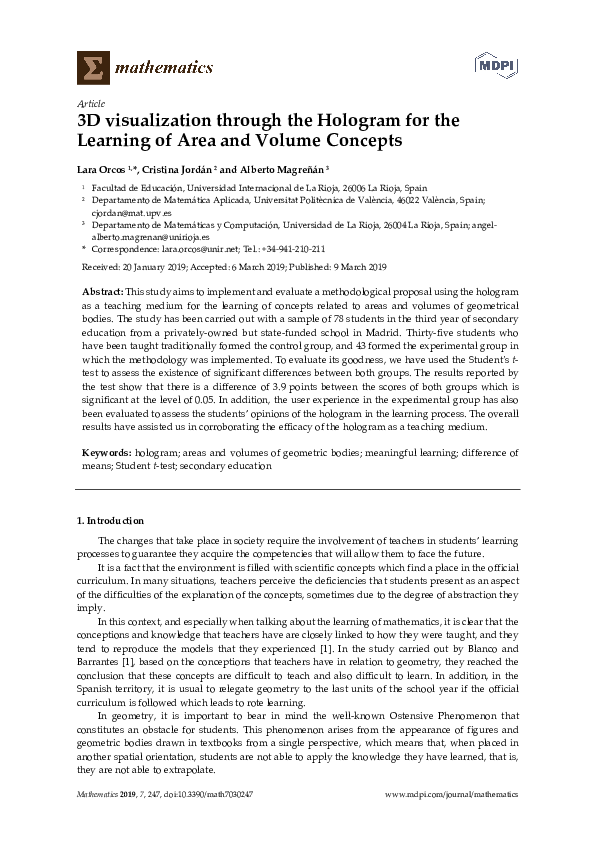 (PDF) 3D visualization through the Hologram for the Learning of Area ...
