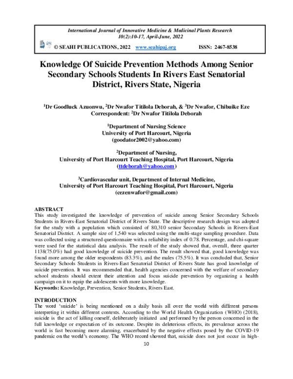 (PDF) Knowledge Of Suicide Prevention Methods Among Senior Secondary ...