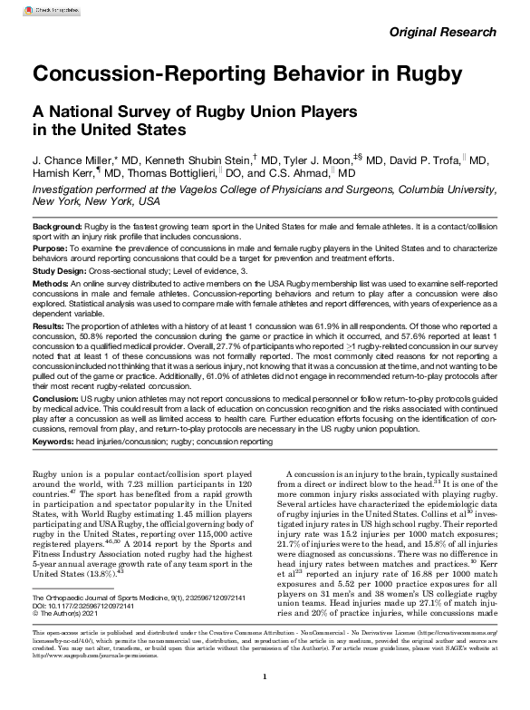 (PDF) Concussion-Reporting Behavior in Rugby: A National Survey of ...