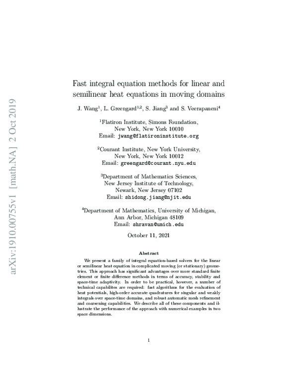 (PDF) Fast integral equation methods for linear and semilinear heat ...