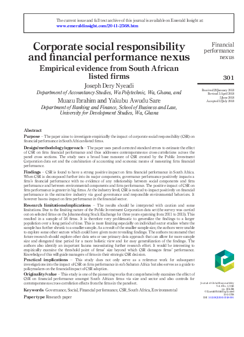 (PDF) Corporate social responsibility and financial performance nexus ...