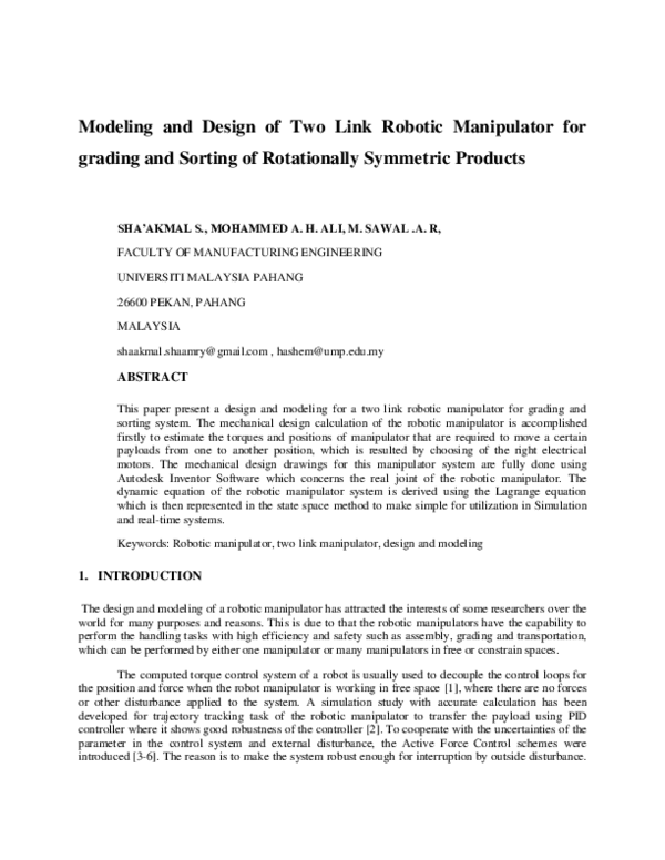 (PDF) Modeling and design of two link robotic manipulator for grading ...
