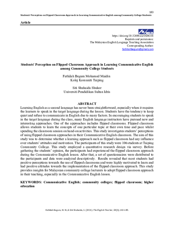 (PDF) Students’ Perception on Flipped Classroom Approach in Learning ...