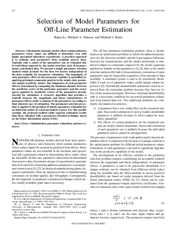 (PDF) Selection of Model Parameters for Off-Line Parameter Estimation