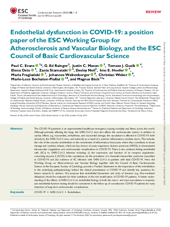 (PDF) Endothelial dysfunction in COVID-19: a position paper of the ESC ...