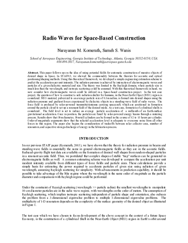 (PDF) Radio Waves for SpaceBased Construction Narayanan Komerath