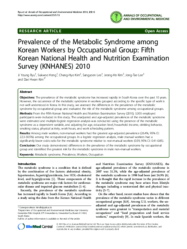(PDF) Prevalence of the Metabolic Syndrome among Korean Workers by ...