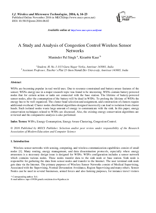 (PDF) A Study and Analysis of Congestion Control Wireless Sensor Networks