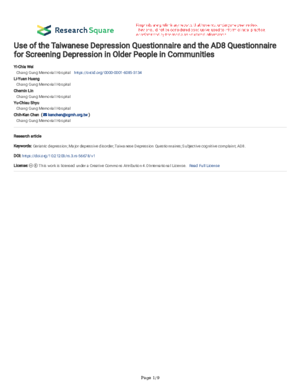 (PDF) Use of the Taiwanese Depression Questionnaire and the AD8 ...
