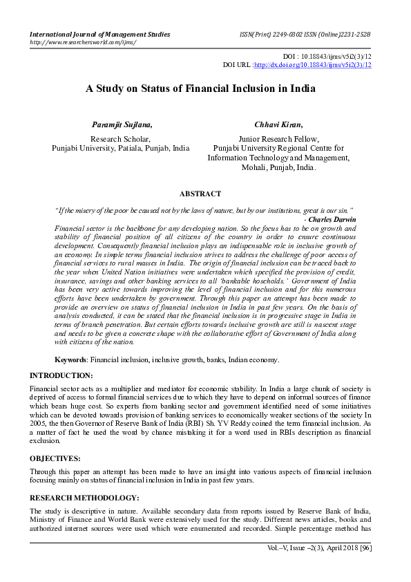 (PDF) A Study on Status of Financial Inclusion in India