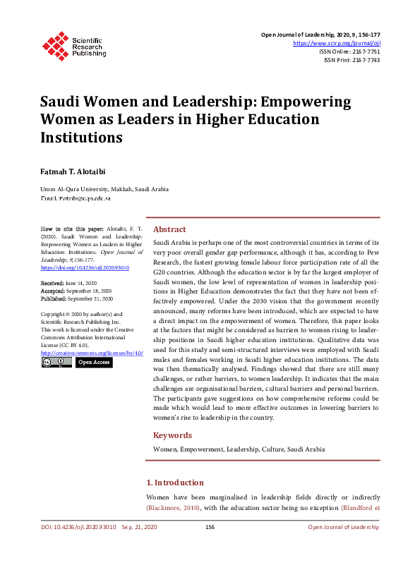 (PDF) Saudi Women and Leadership: Empowering Women as Leaders in Higher ...