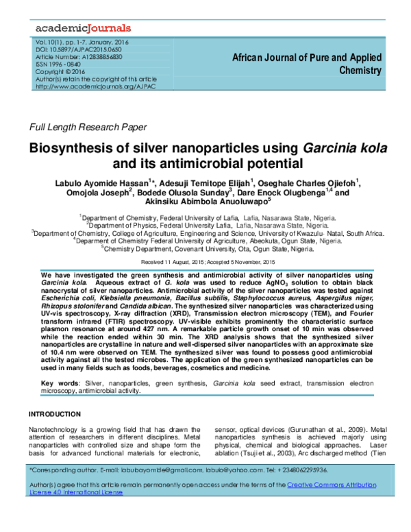 (PDF) Biosynthesis of silver nanoparticles using Garcinia kola and its ...