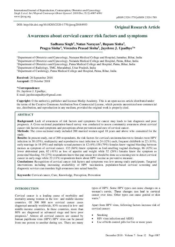 (PDF) Awareness about cervical cancer risk factors and symptoms