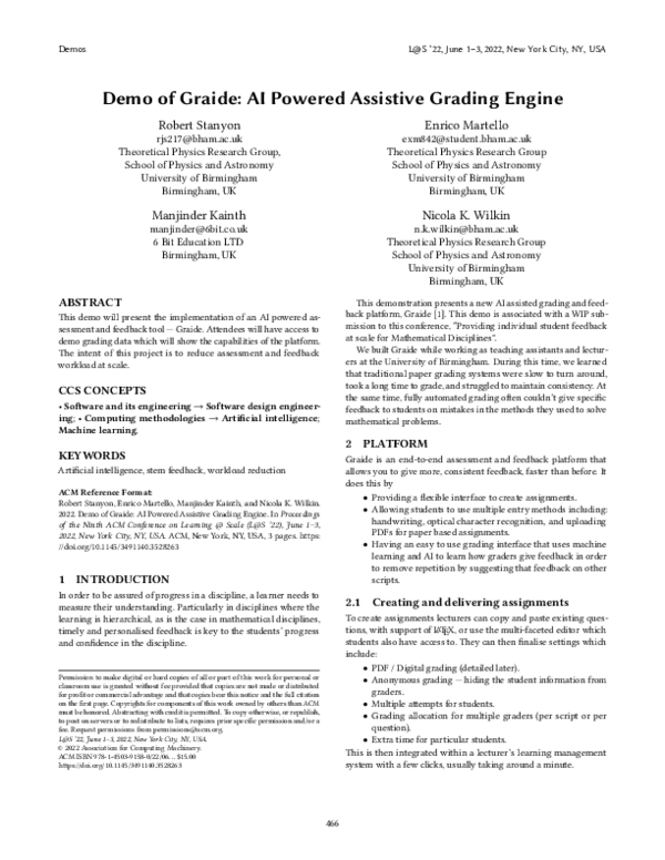 (PDF) Demo of Graide: AI Powered Assistive Grading Engine