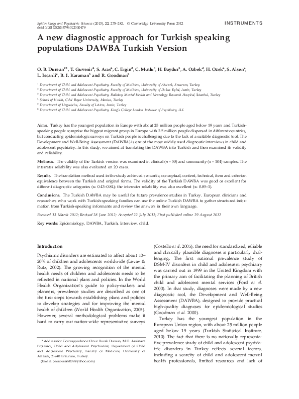 (PDF) A new diagnostic approach for Turkish speaking populations DAWBA ...