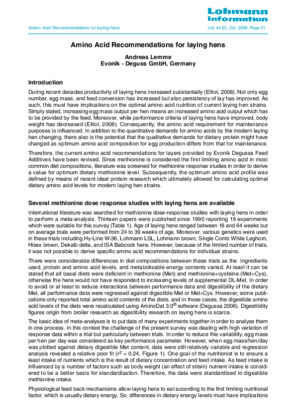 (PDF) Amino acid recommendations for laying hens
