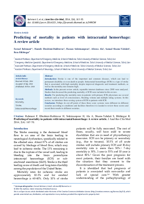 (PDF) Predicting of mortality in patients with intracranial hemorrhage ...