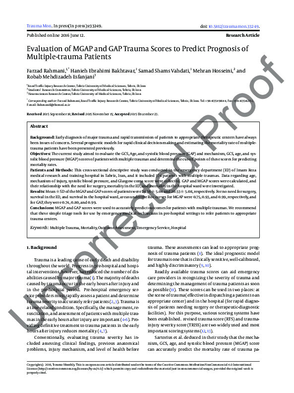 (PDF) Evaluation of MGAP and GAP Trauma Scores to Predict Prognosis of ...