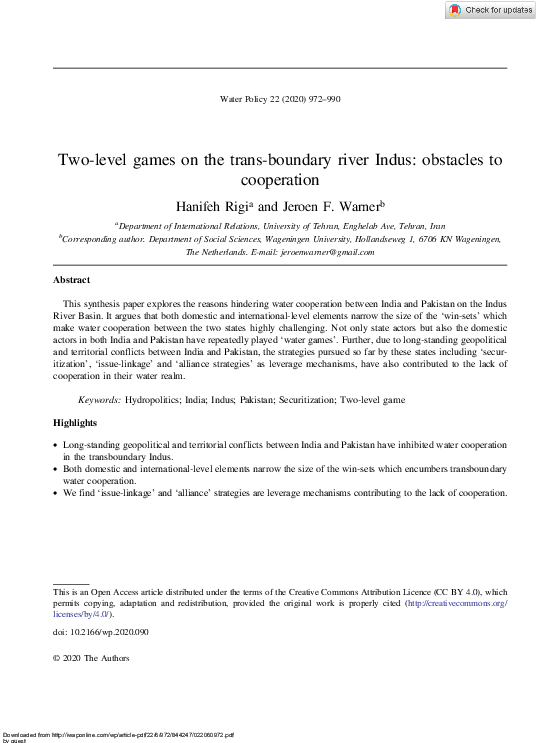 (PDF) Twolevel games on the transboundary river Indus obstacles to