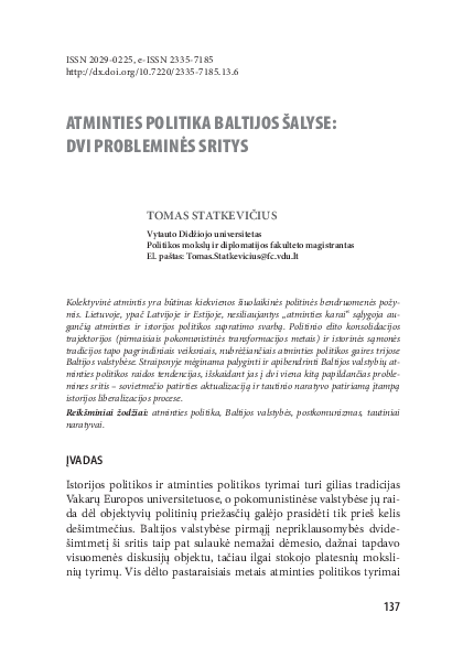 (PDF) Politics of memory in the Baltic states : two fields of analysis
