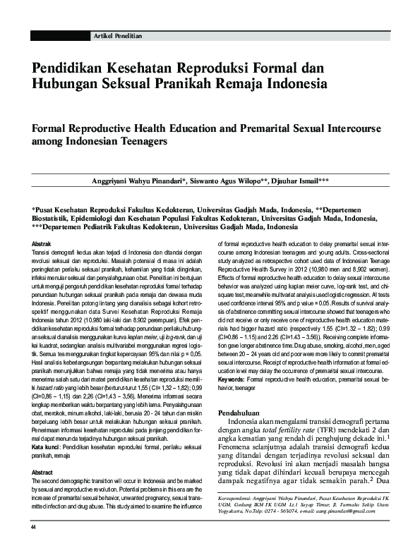 Pdf Pendidikan Kesehatan Reproduksi Formal Dan Hubungan Seksual