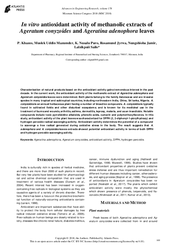 (PDF) In vitro antioxidant activity of methanolic extracts of Ageratum ...