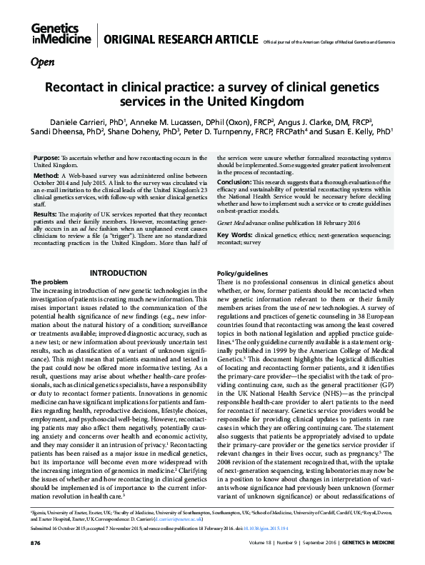 (PDF) Recontact in clinical practice: a survey of clinical genetics ...
