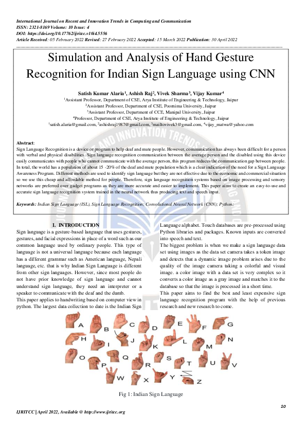 (PDF) Simulation and Analysis of Hand Gesture Recognition for Indian ...