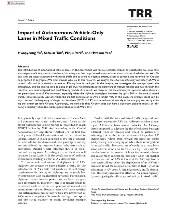 (PDF) Impact of Autonomous-Vehicle-Only Lanes in Mixed Traffic Conditions