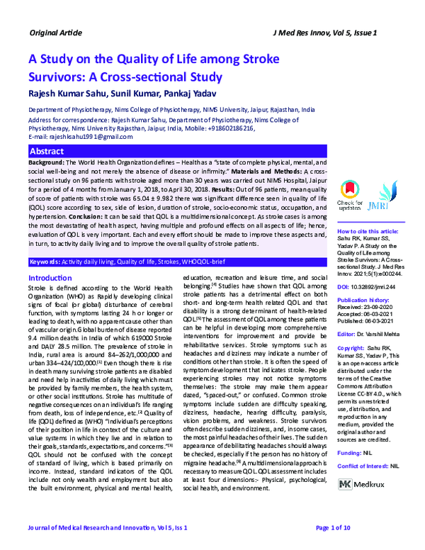 (PDF) A study on the quality of life among stroke survivors: A cross ...
