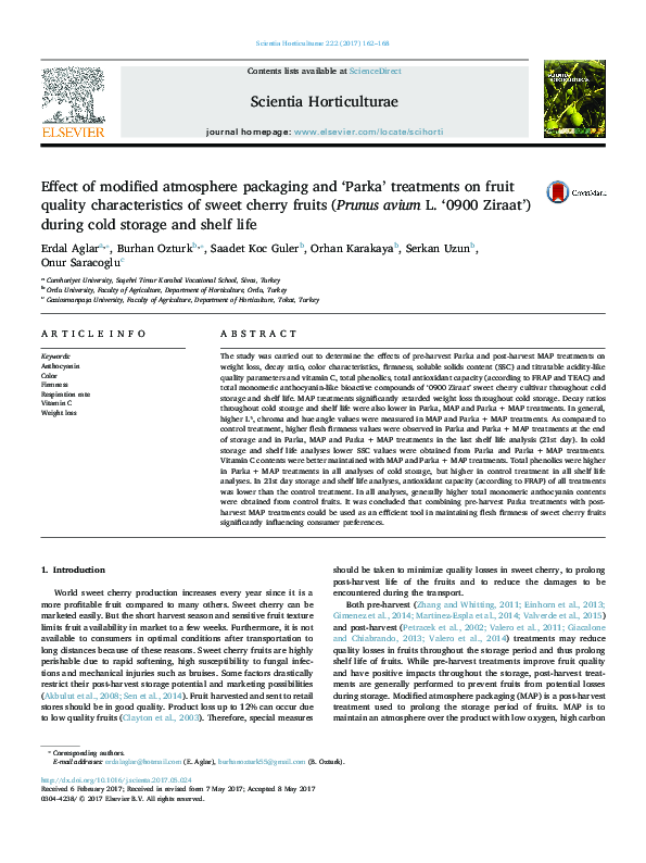 First page of “Effect of modified atmosphere packaging and ‘Parka’ treatments on fruit quality characteristics of sweet cherry fruits ( Prunus avium L. ‘0900 Ziraat’) during cold storage and shelf life”