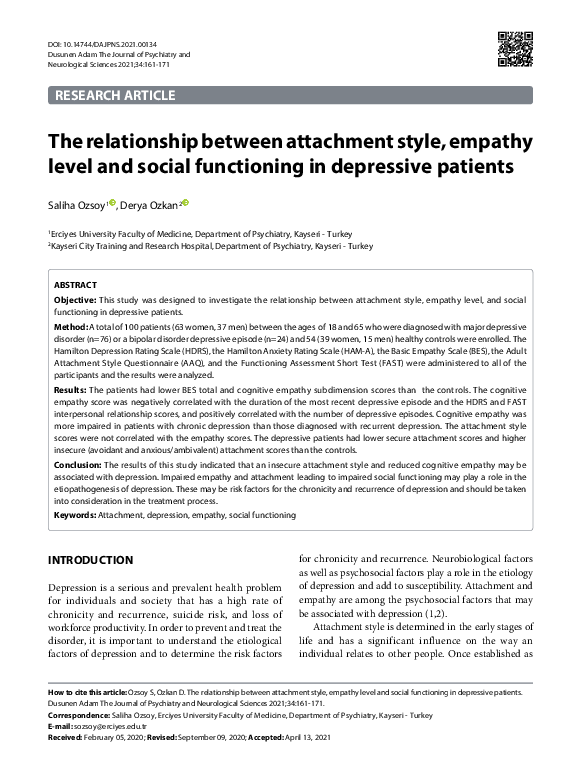 (PDF) The relationship between attachment style, empathy level and ...