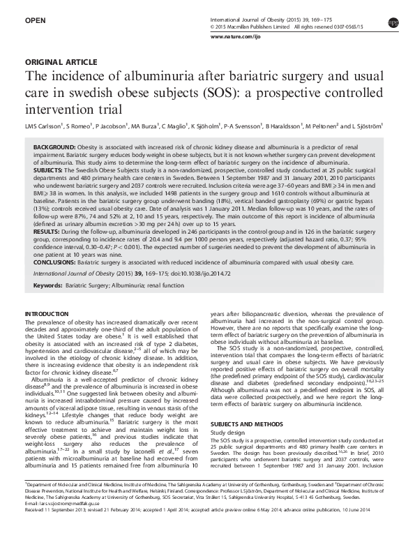 (PDF) The incidence of albuminuria after bariatric surgery and usual ...