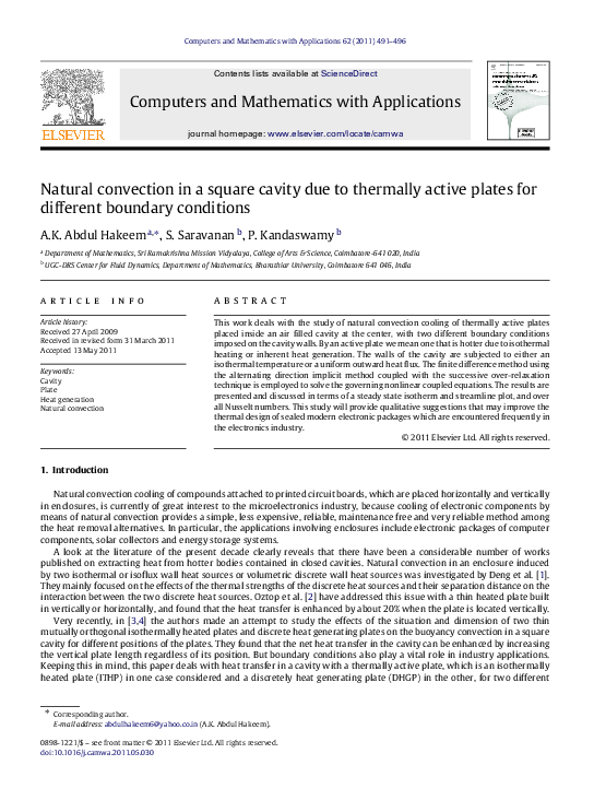 (PDF) Natural convection in a square cavity due to thermally active ...