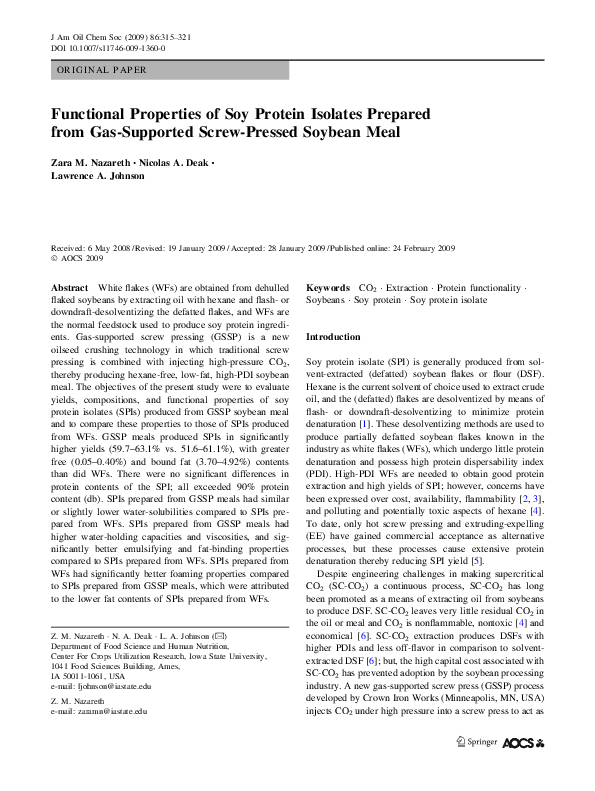 (PDF) Functional Properties of Soy Protein Isolates Prepared from Gas ...