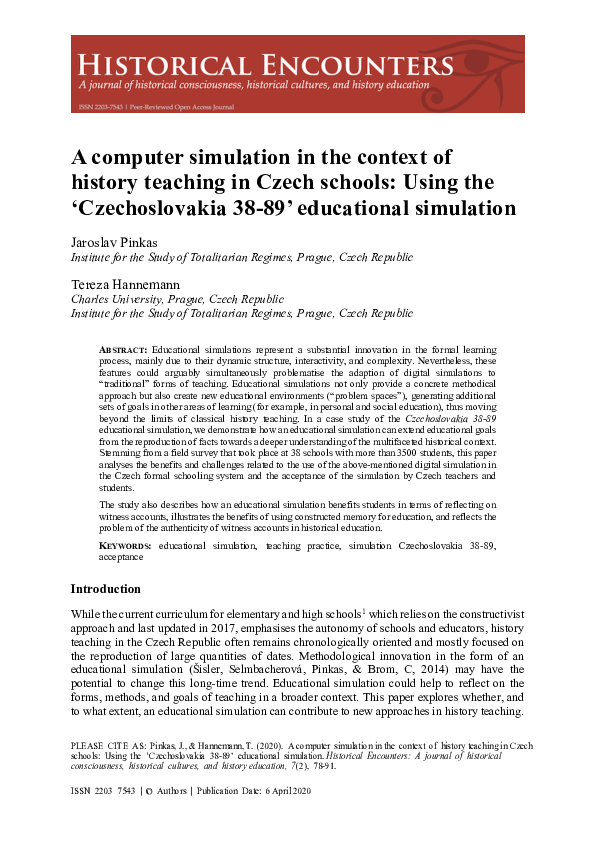 (PDF) A computer simulation in the context of history teaching in Czech ...