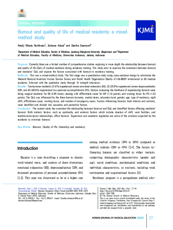 (PDF) Burnout and quality of life of medical residents: a mixed-method ...