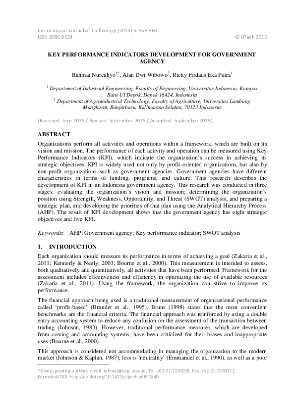 (PDF) Key Performance Indicators Development for Government Agency