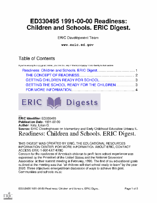 (PDF) Readiness: Children and Schools. ERIC Digest