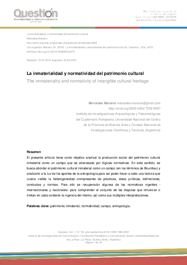 (PDF) La inmaterialidad y normatividad del patrimonio cultural