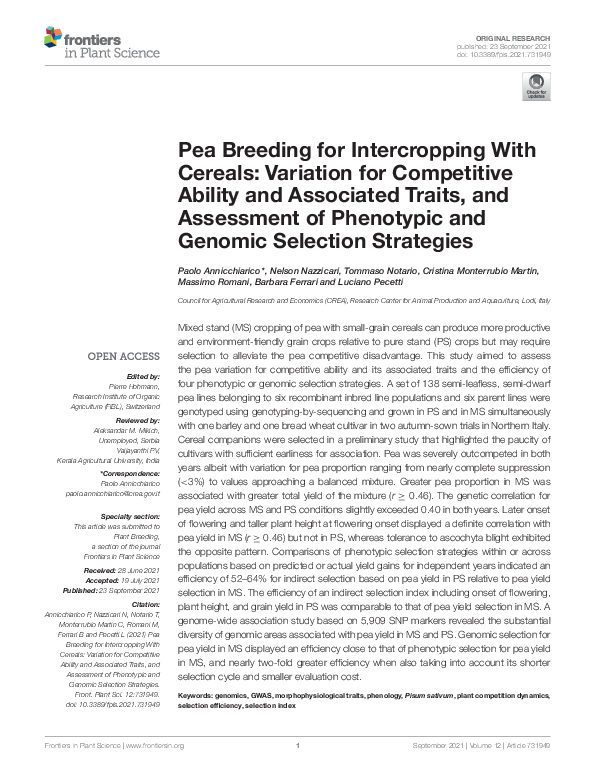 (PDF) Pea Breeding for Intercropping With Cereals: Variation for ...