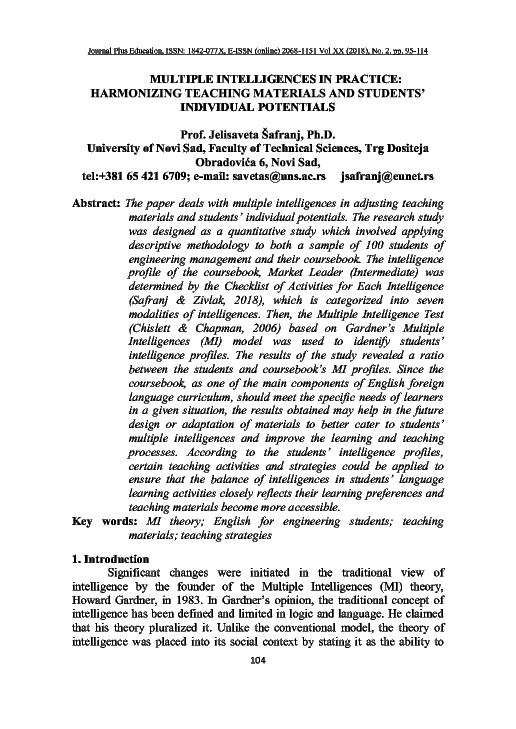 (PDF) Multiple Intelligences in Practice: Harmonizing Teaching ...