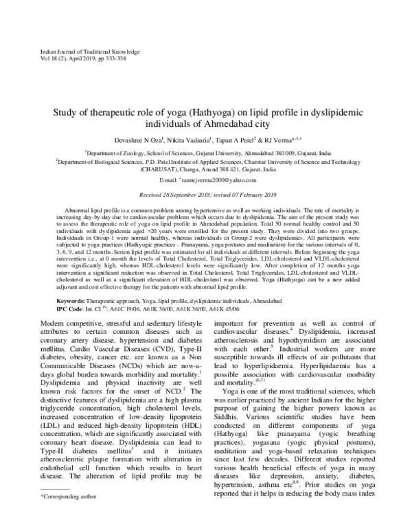 (PDF) Study of therapeutic role of yoga (Hathyoga) on lipid profile in ...