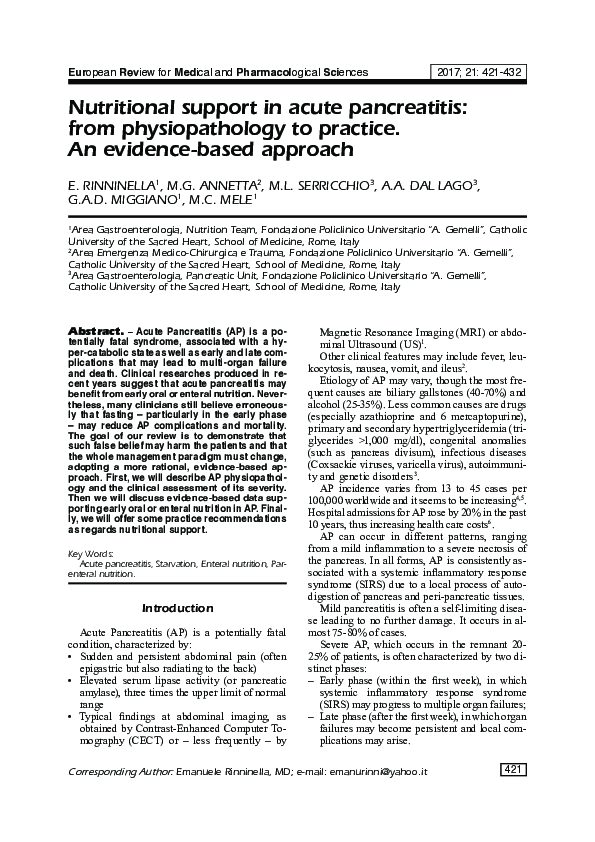 (PDF) Nutritional support in acute pancreatitis: from physiopathology ...